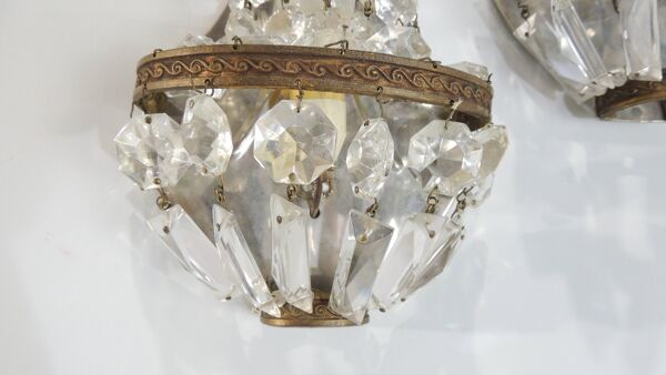 Lustre ancien en cristal avec 2 appliques murales – Suspension vintage lait