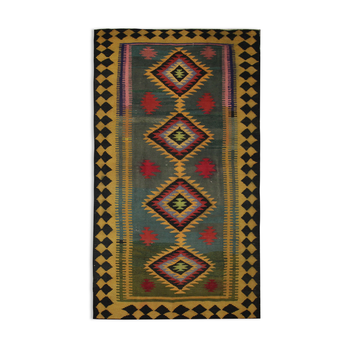 Vintage Green Tribal Wool Kilim Rug, Caucasian Flat woven Carpet-152x290cm