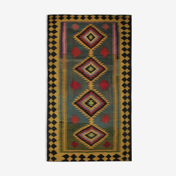 Vintage Green Tribal Wool Kilim Rug, Caucasian Flat woven Carpet-152x290cm