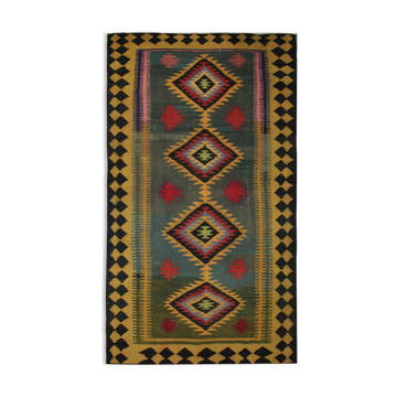 Tapis kilim en laine tribale verte vintage -152x290cm