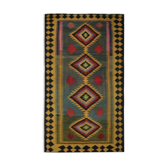Tapis kilim en laine tribale verte vintage -152x290cm