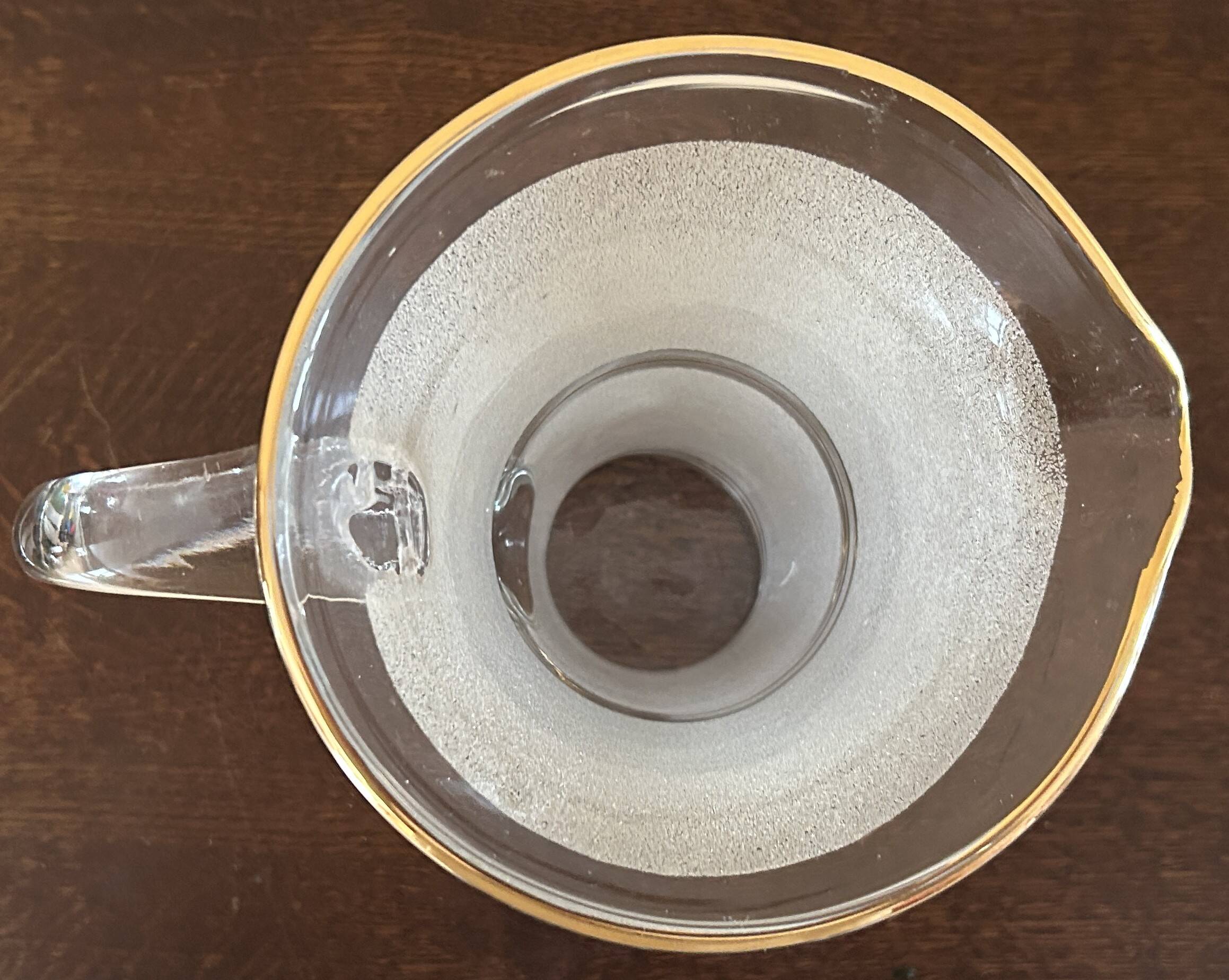 Jug + 6 frosted glass tumblers with white and gold rim.