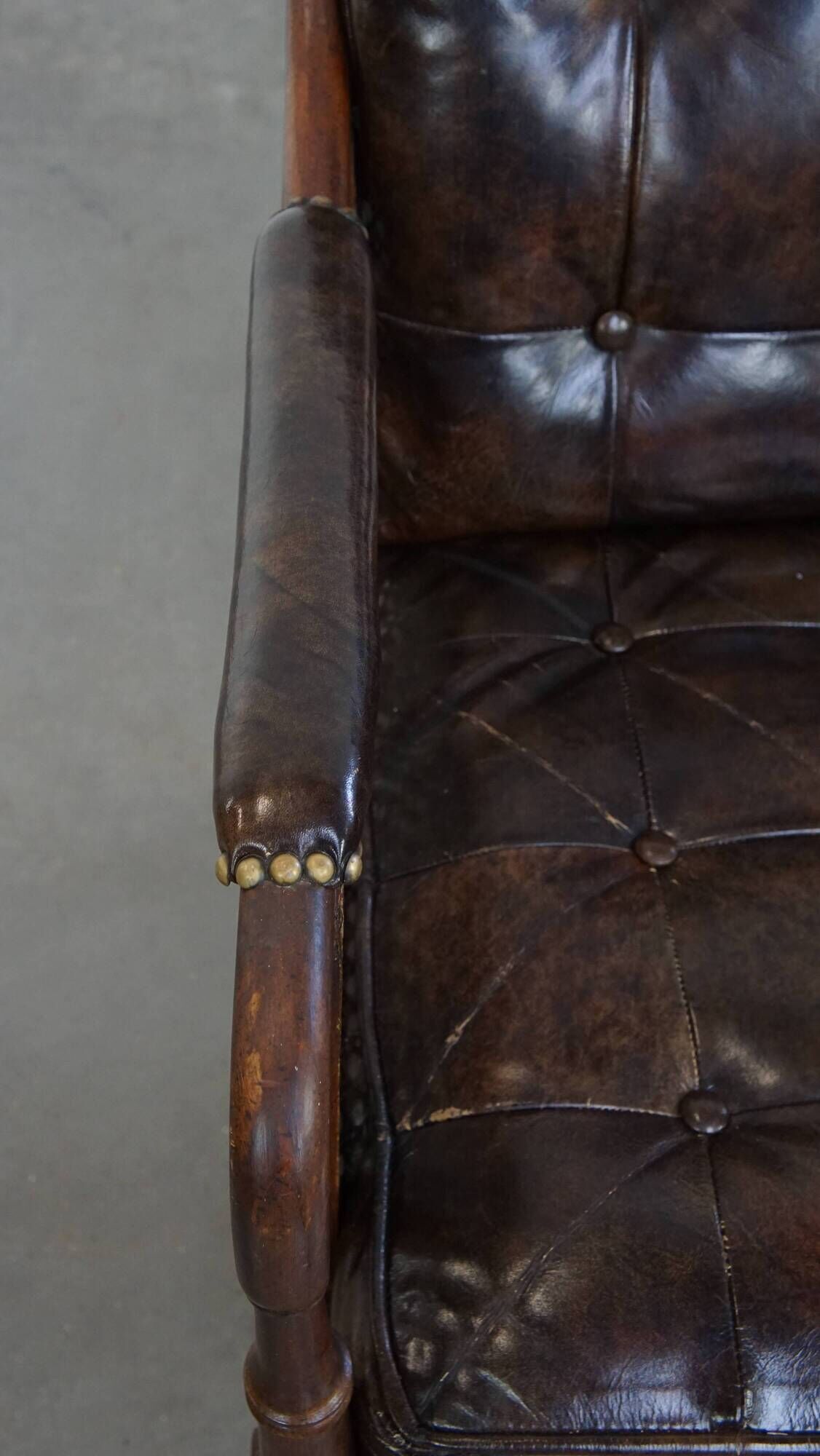 Vintage 1970s Design Armchair Made of Wood, Leather, and Webbing