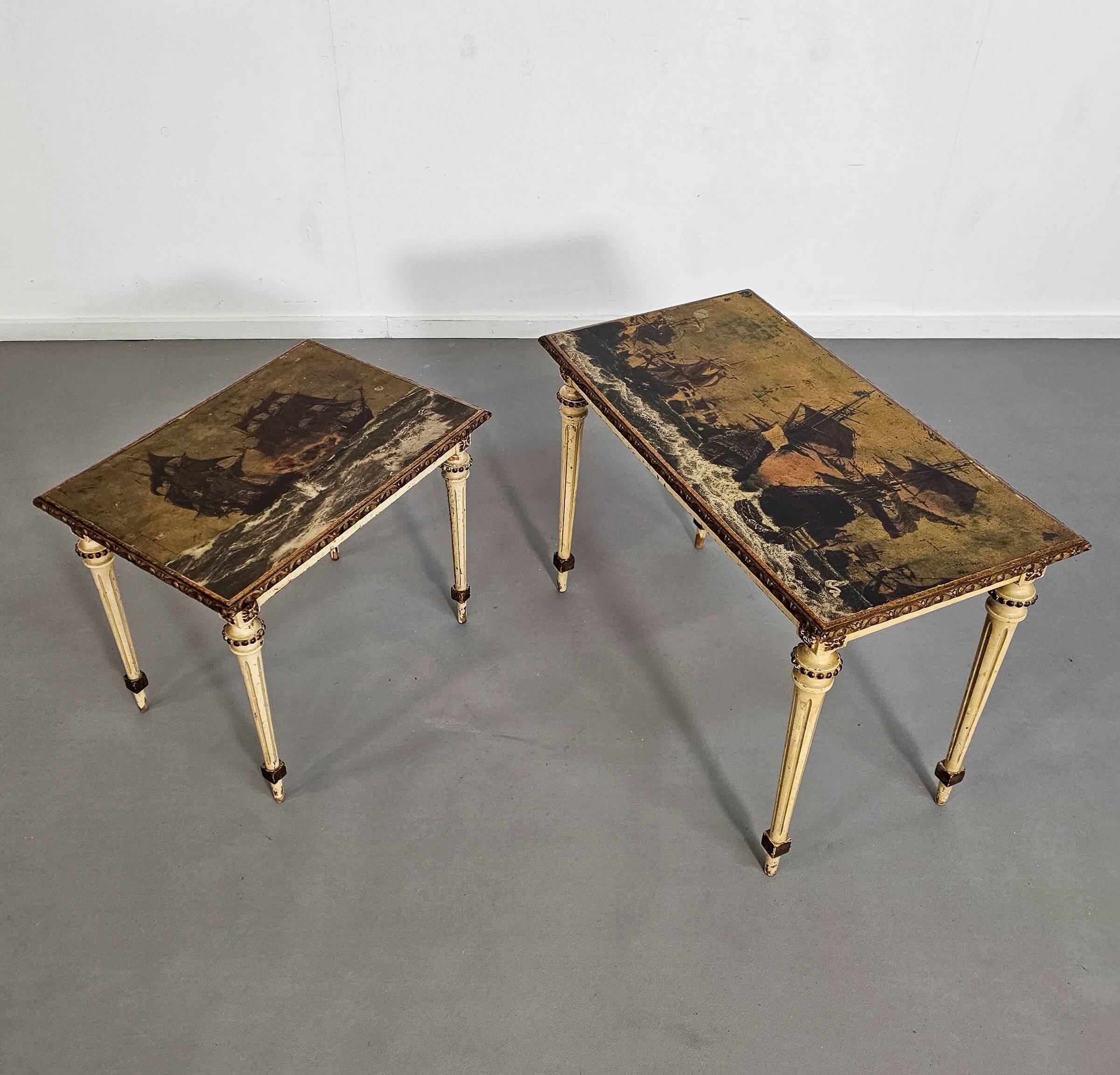 2 x nesting side tables / neo classic / painted gold leaf top / The battle of Texel