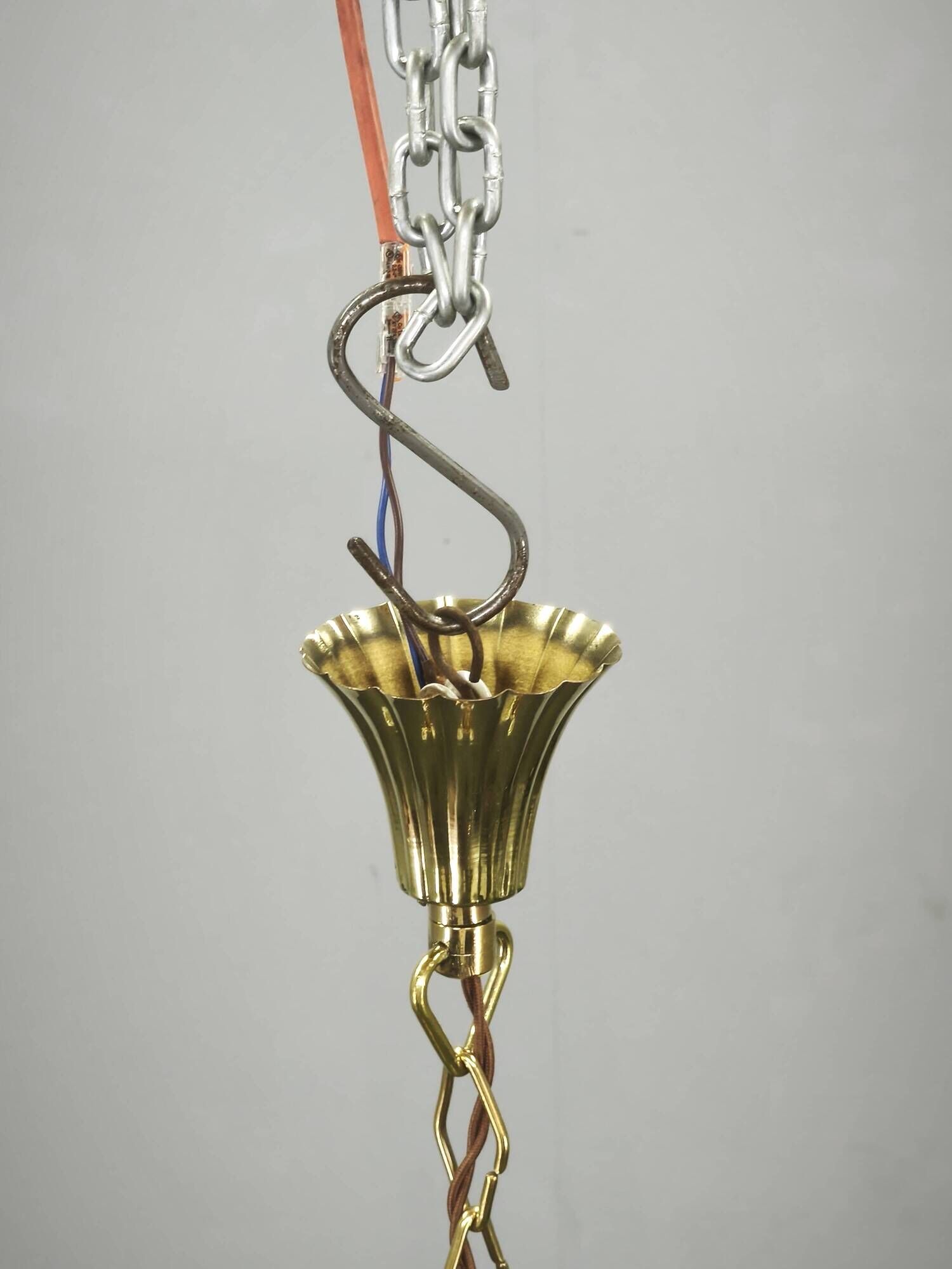1930s Czechoslovak Art Deco Brass and Opaline Glass Chandelier