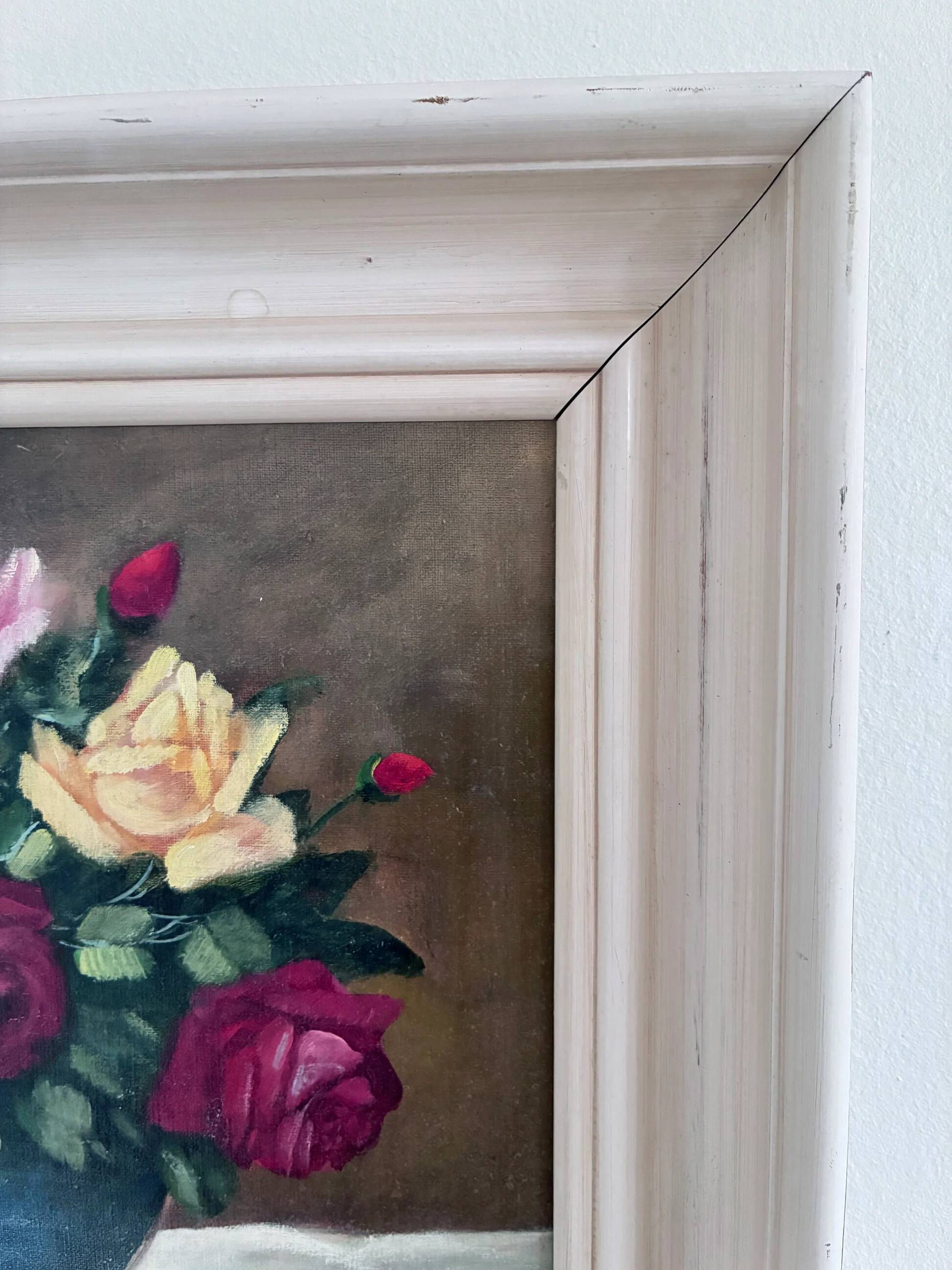 Vintage original floral rose oil painting, signed flower art