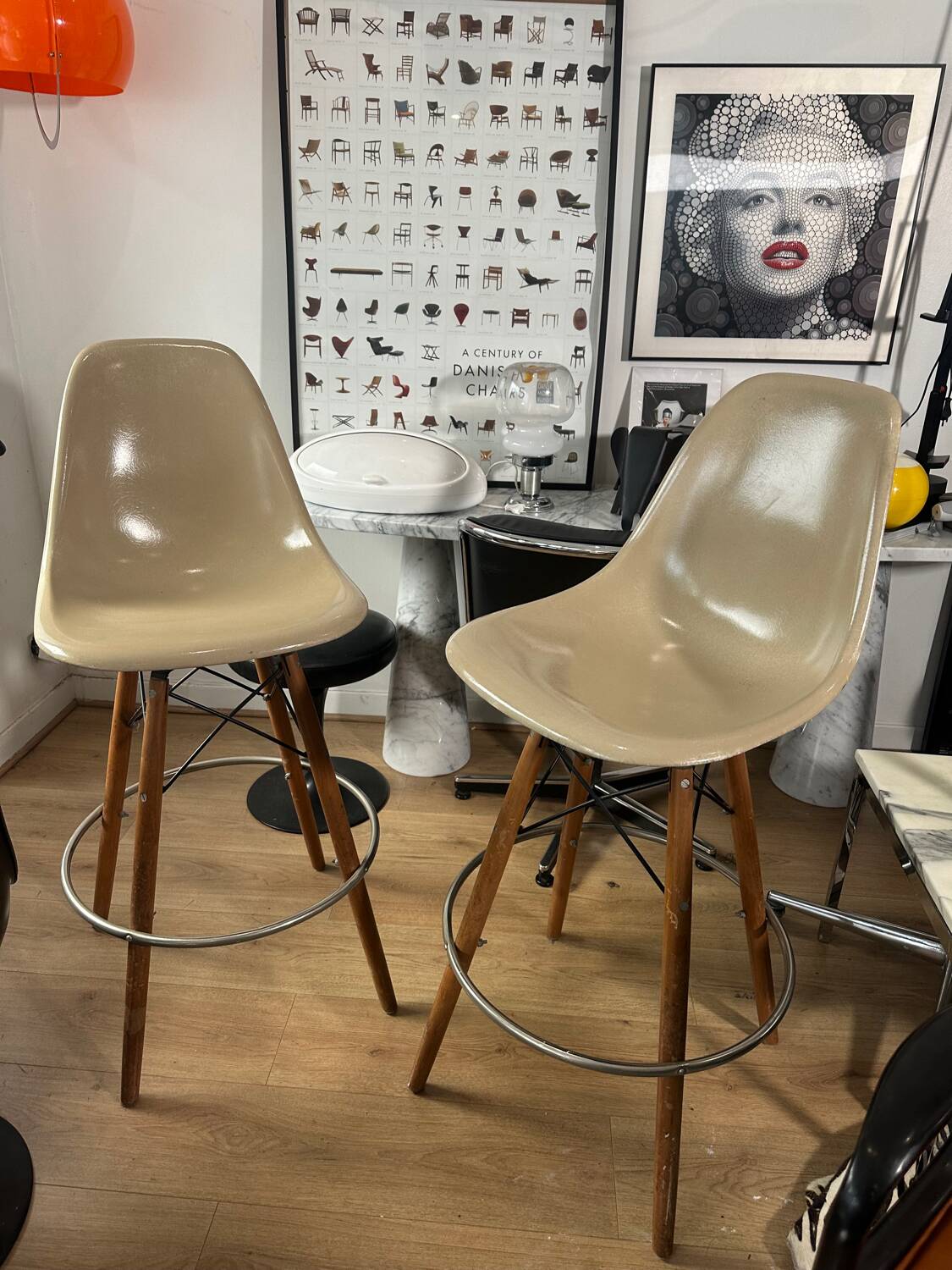 Pair of Eames fiber high stools for Modernica US