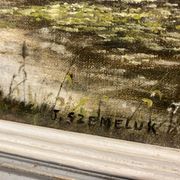 Peinture représentant un lac au milieu de la forêt