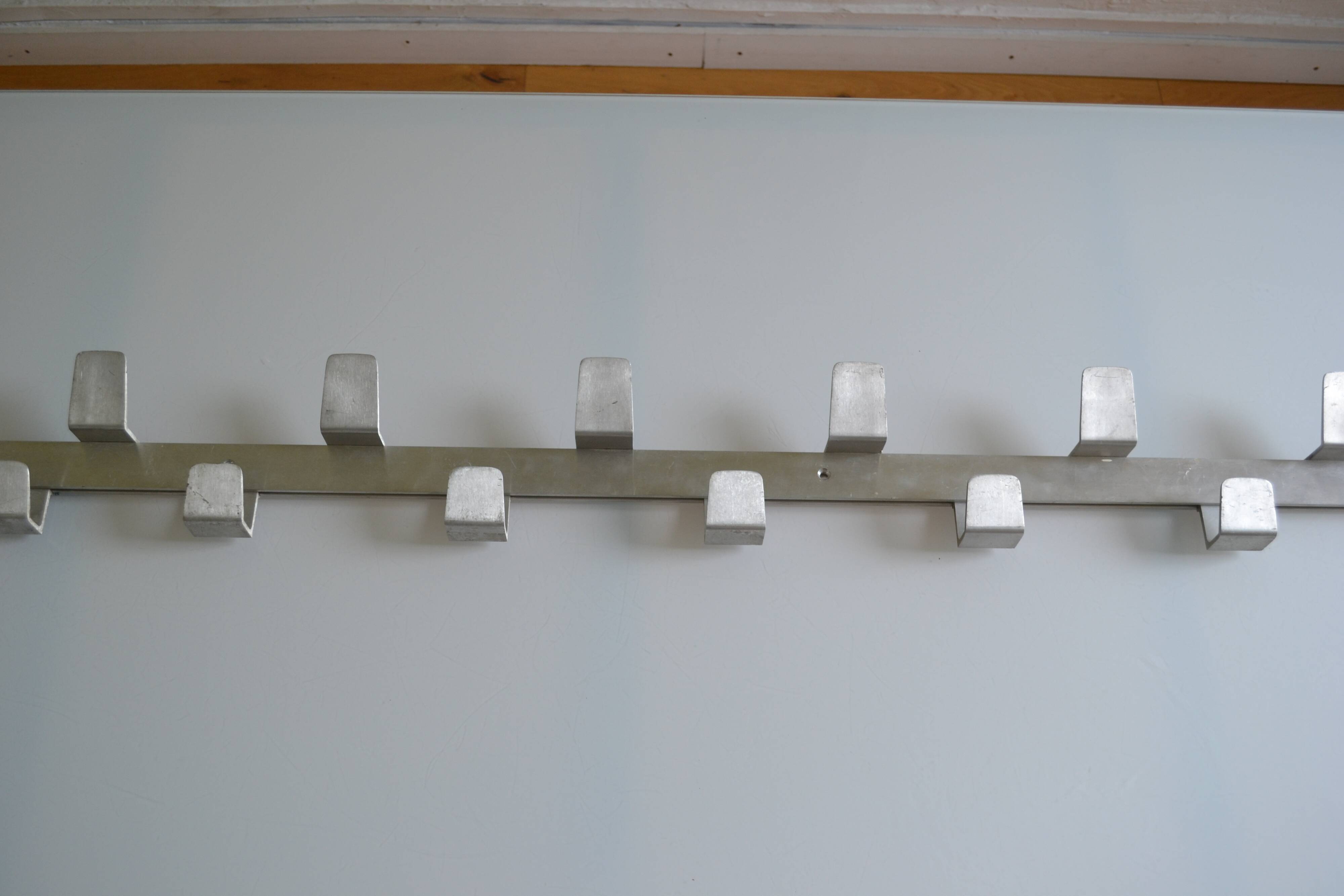 Vintage 70s brushed aluminum metal 12-hook wall coat rack