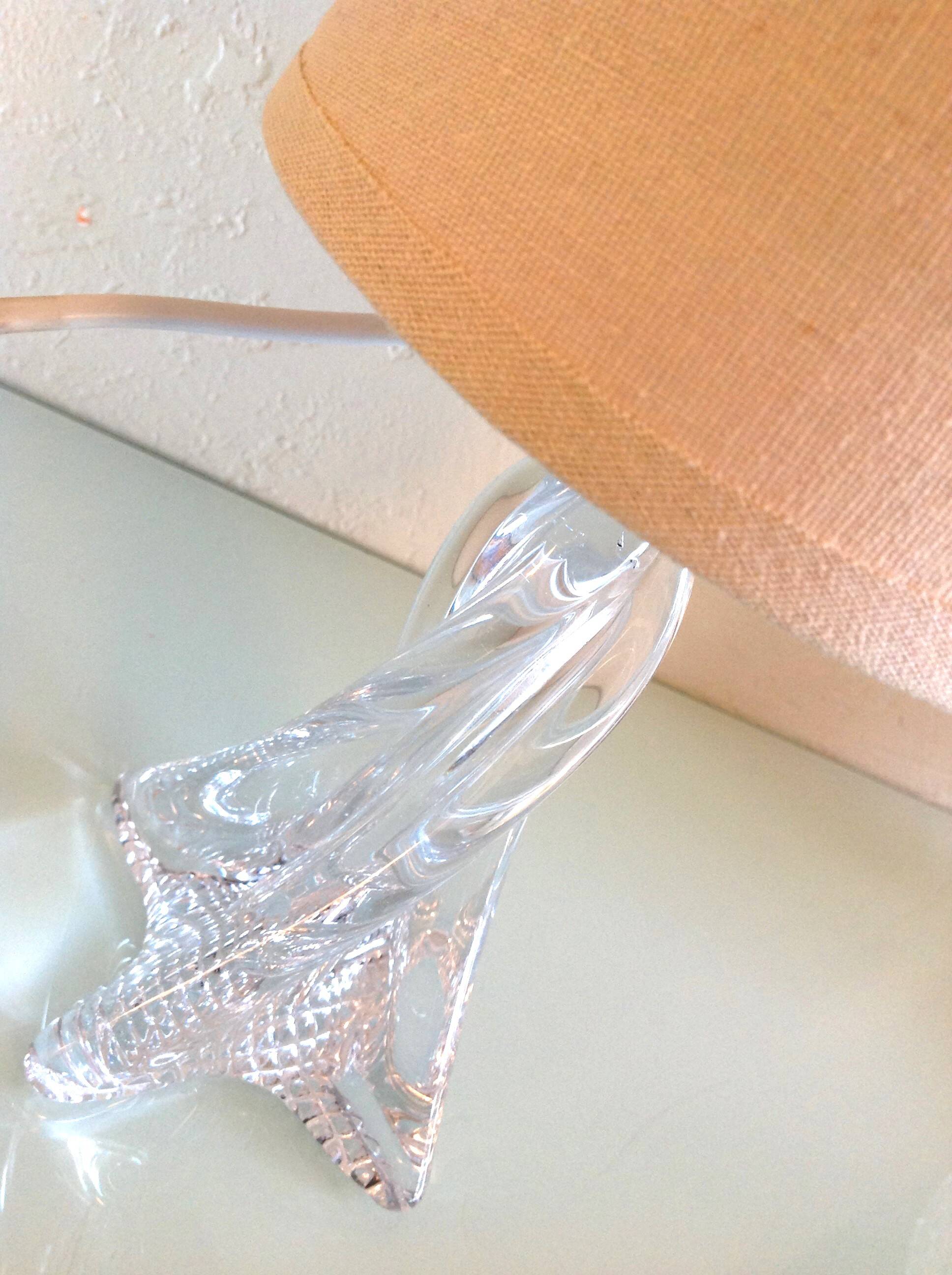 Bedside lamp with glass base and beige fabric lampshade / vintage 60s-70s