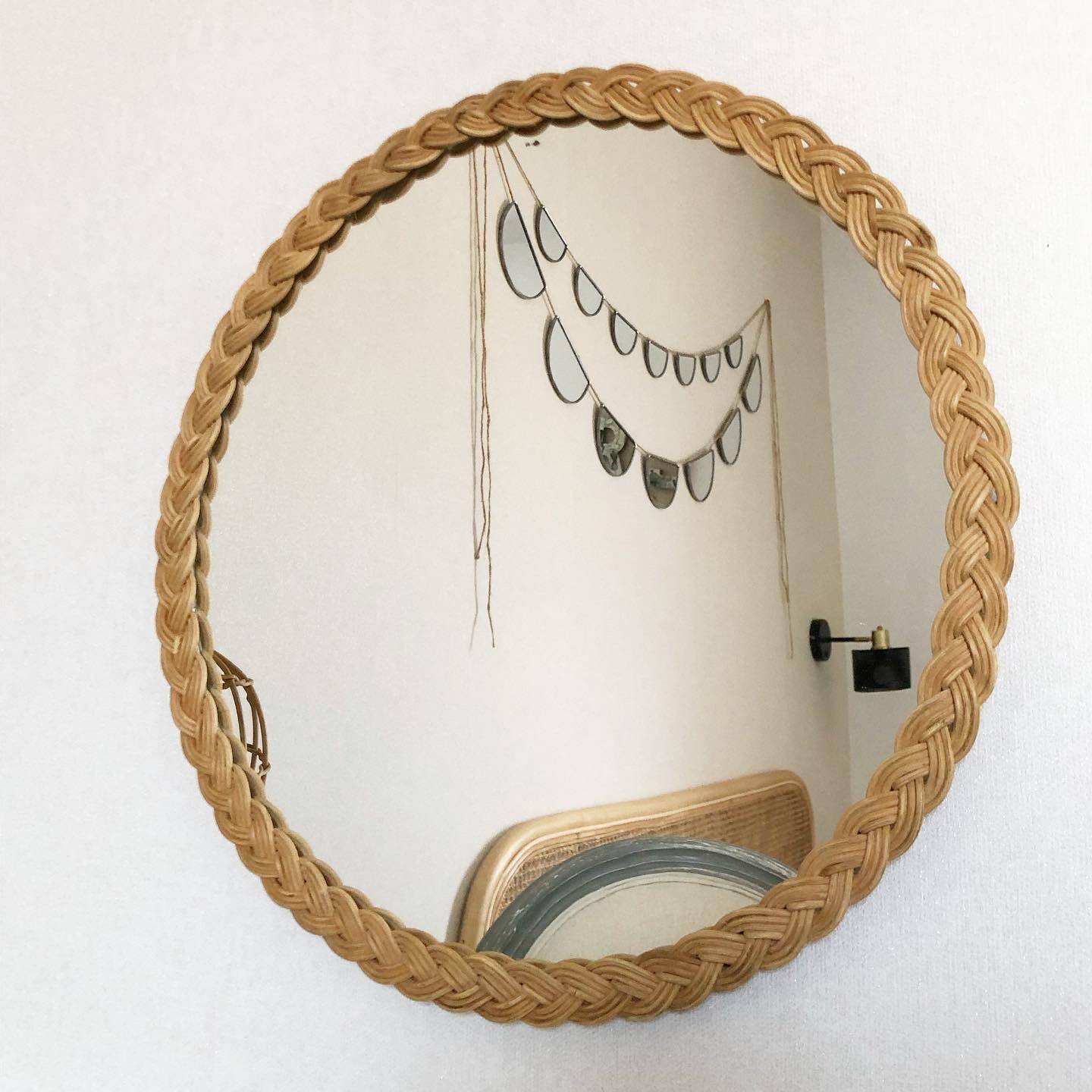 Large round vintage rattan mirror