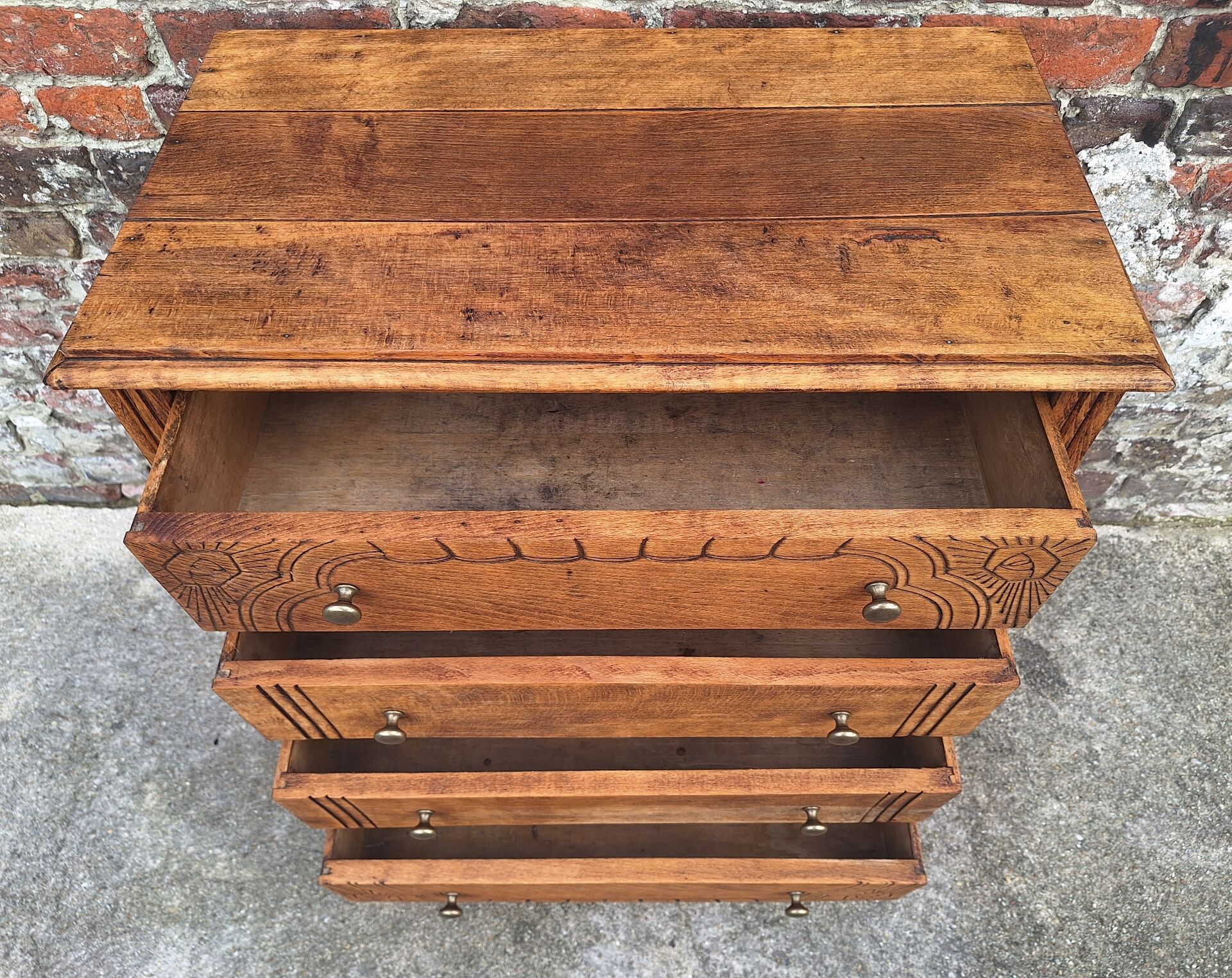 Art Deco commode with wooden top, vintage antique furniture.