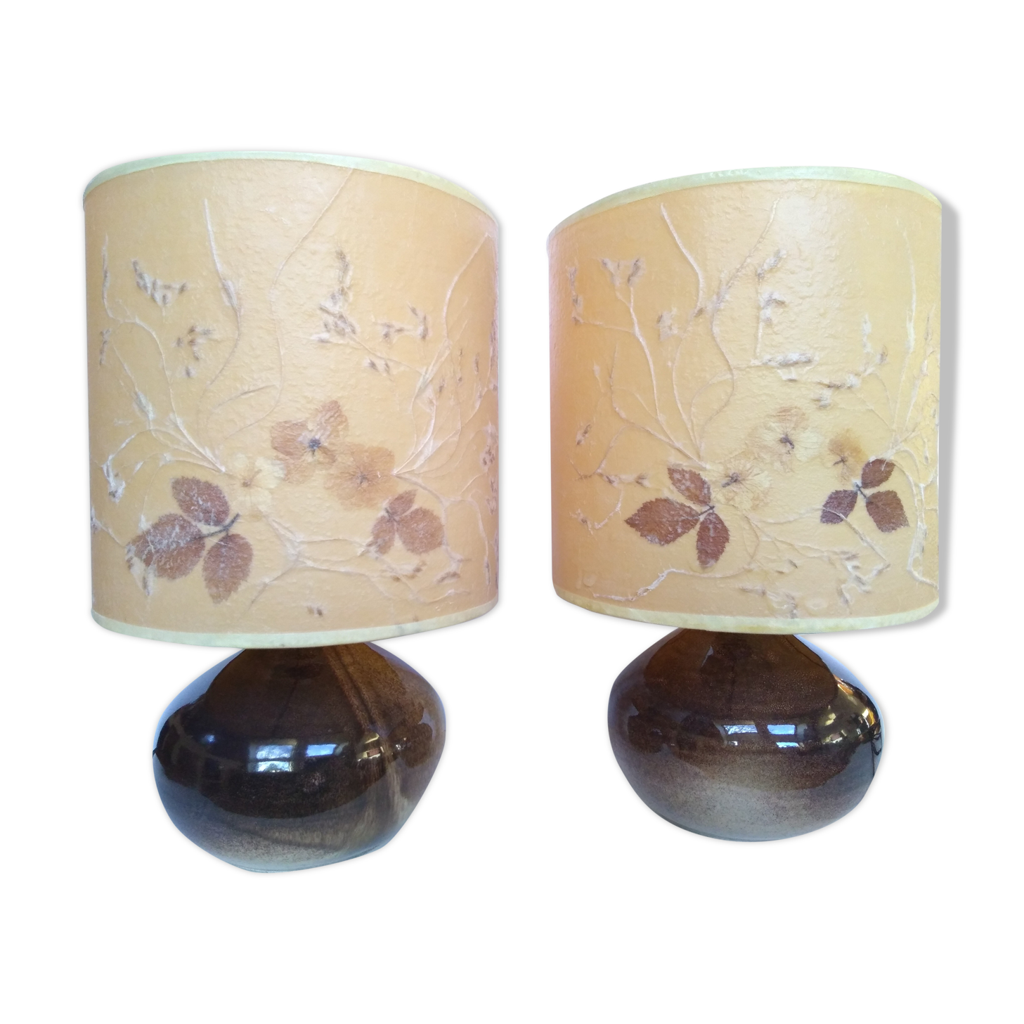 Paire de lampes en grès 70 abat-jour inclusion fleurs séchées