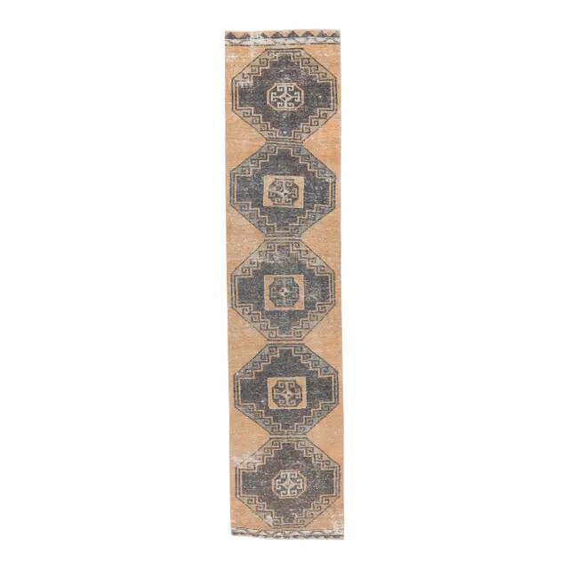1960s Orange Geometric Turkish Hand-Knotted Runner Rug 77x345