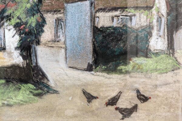 Pastel, cour de ferme, signé Jean Vasseur (1905-1986)