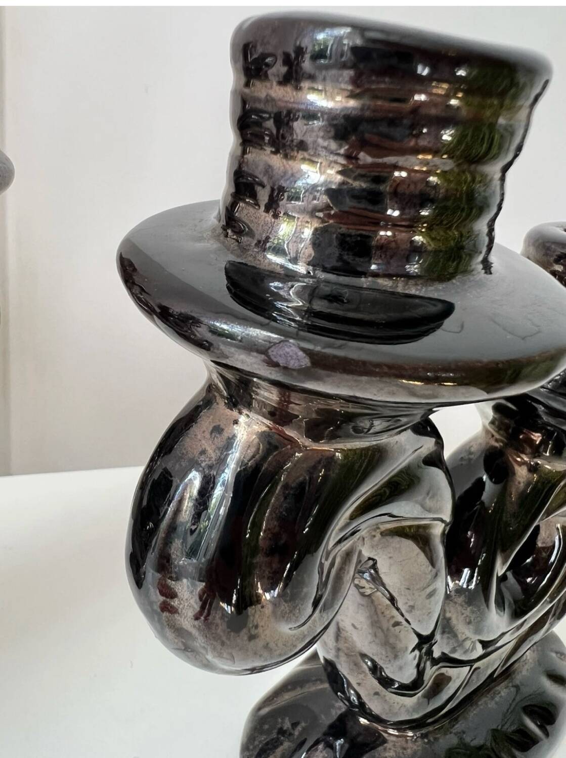 Pair of vintage iridescent black candlesticks, Vallauris style