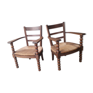paire de fauteuils paillés brutaliste
