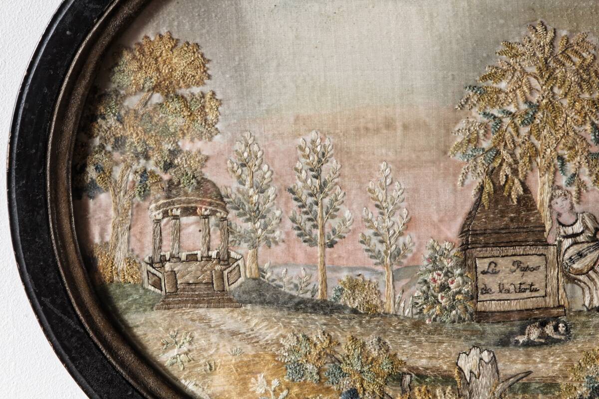 Pair of embroidered silks, needle painting, circa 1800
