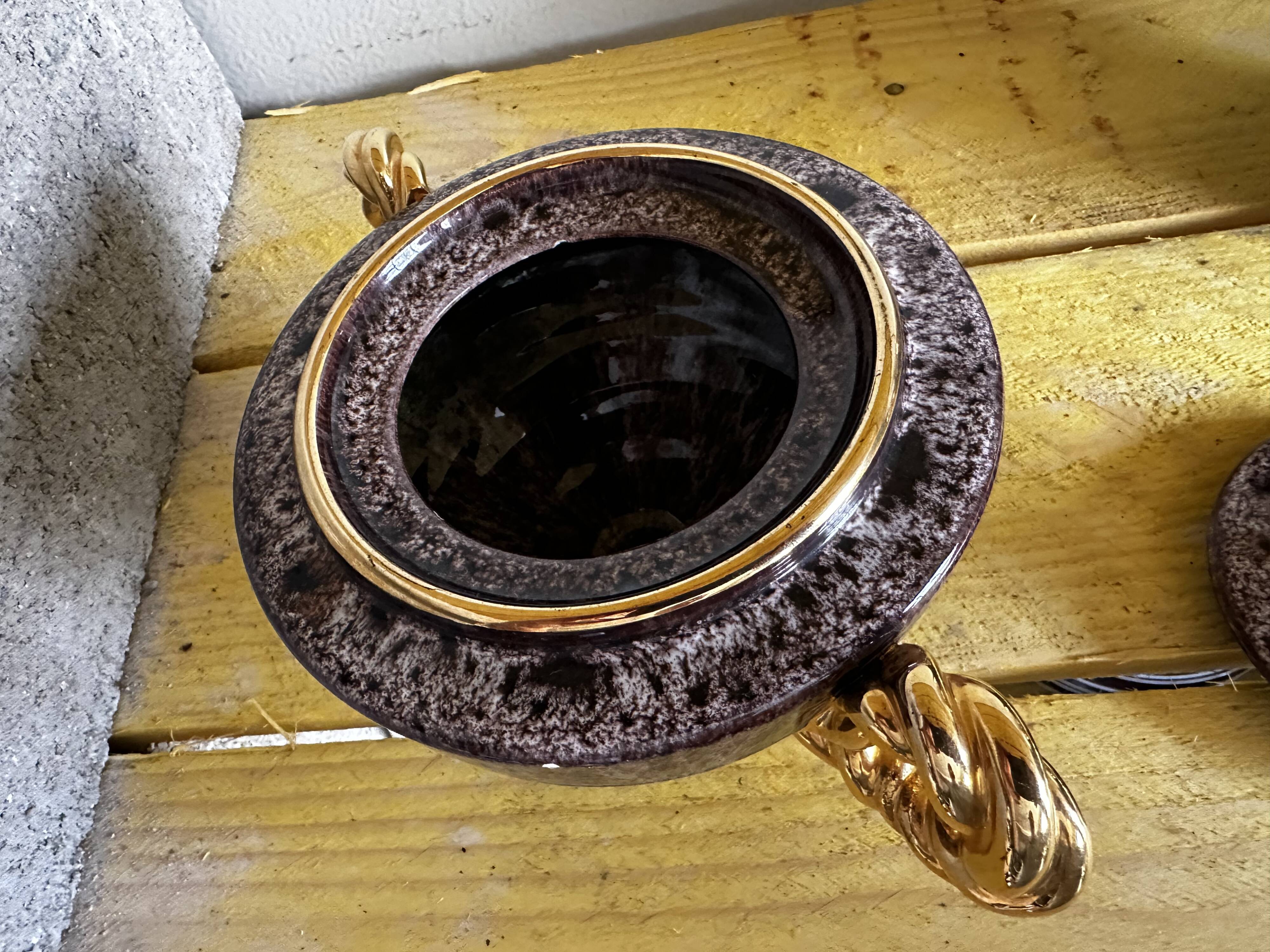 Vallauris ceramic sugar bowl, burgundy and gilded, by Marius Giuge