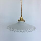 Pair of white opaline hanging lamps with toothed edges