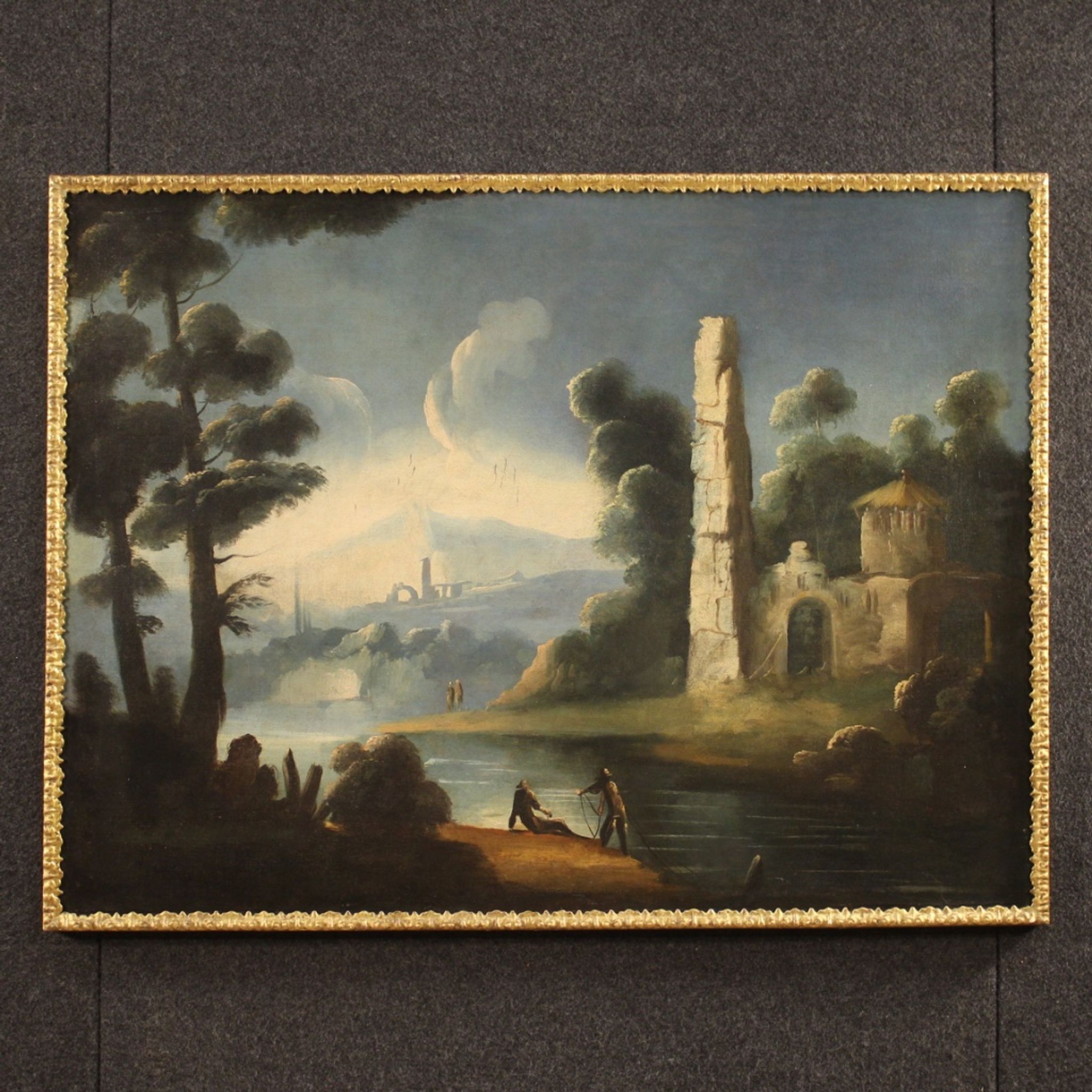 Antique painting river landscape with ruins and fishermen from the XVIIIth century