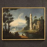 Antique painting river landscape with ruins and fishermen from the XVIIIth century