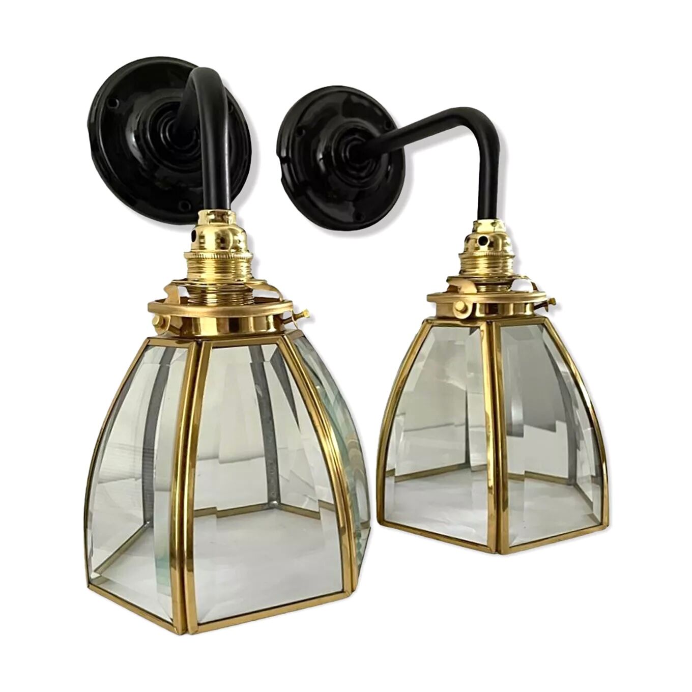 Pair of vintage glass and brass sconces electrified to nine