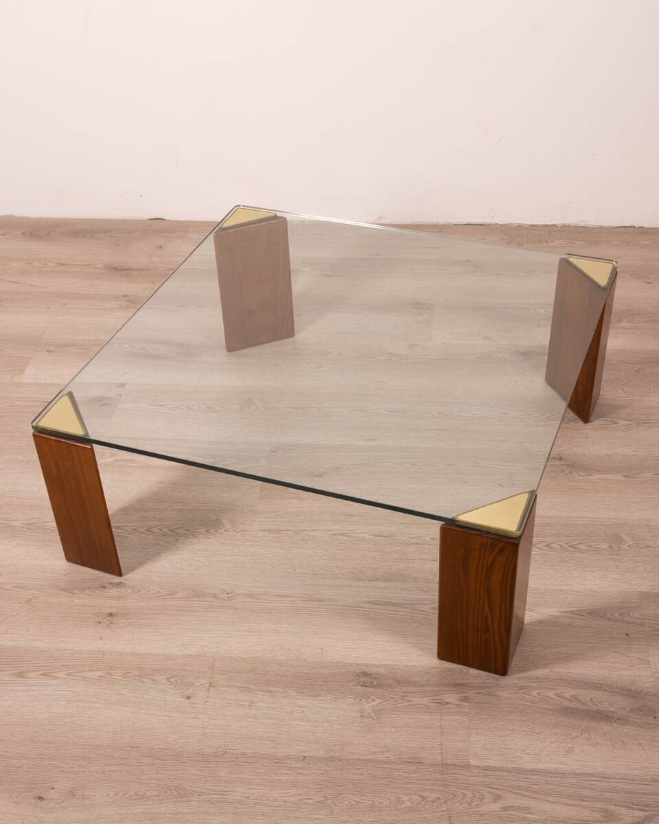 Vintage 80's table in wood, brass and glass, italian design