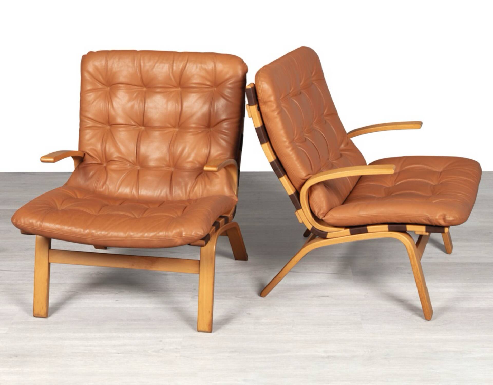 Rare 1970s Danish Modern 'Miljø' Easy Chairs in Cognac Aniline Leather