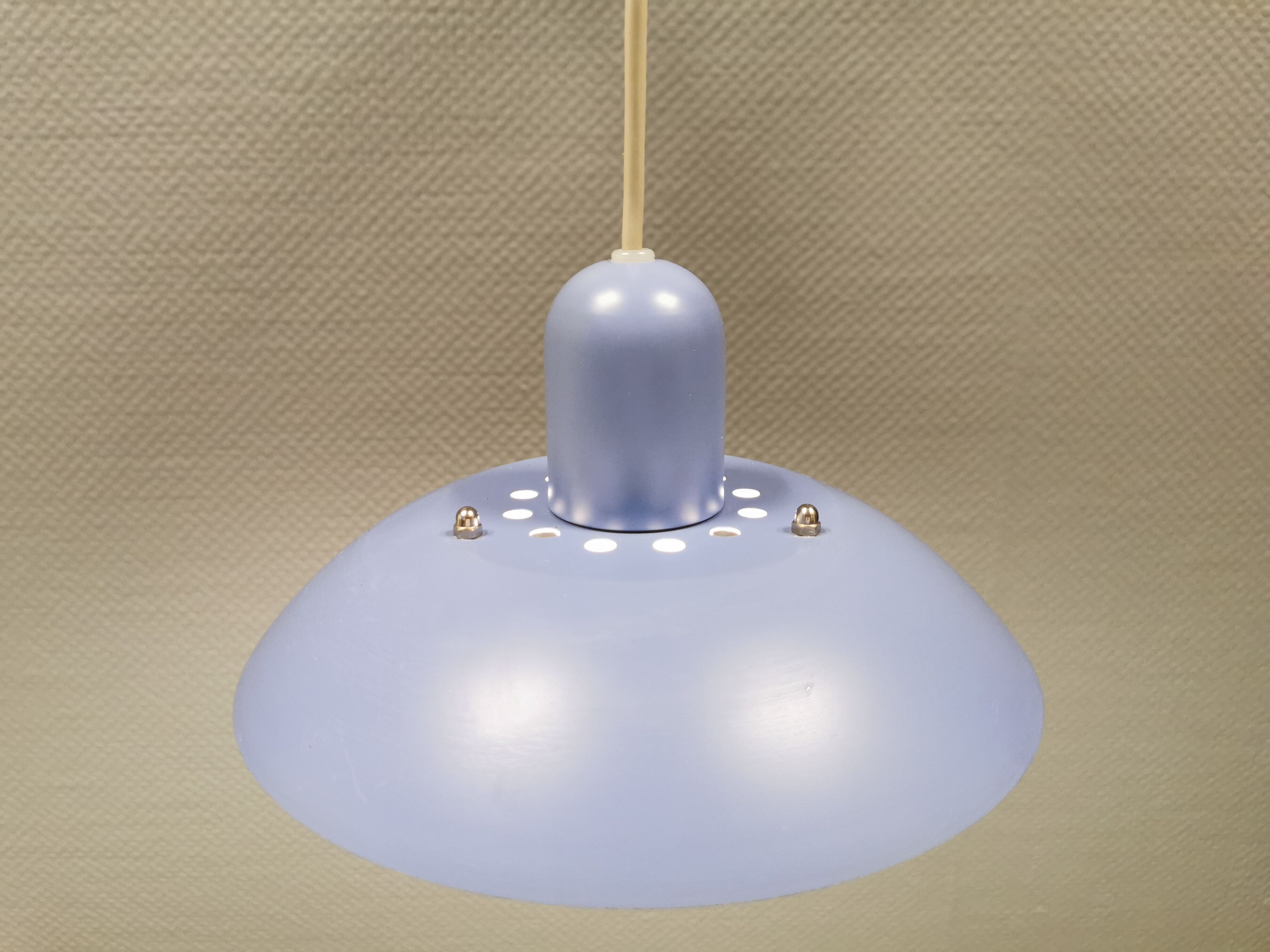 Classic small Danish hanging lamp, produced by Form-Light in the 1980s. Light purple color