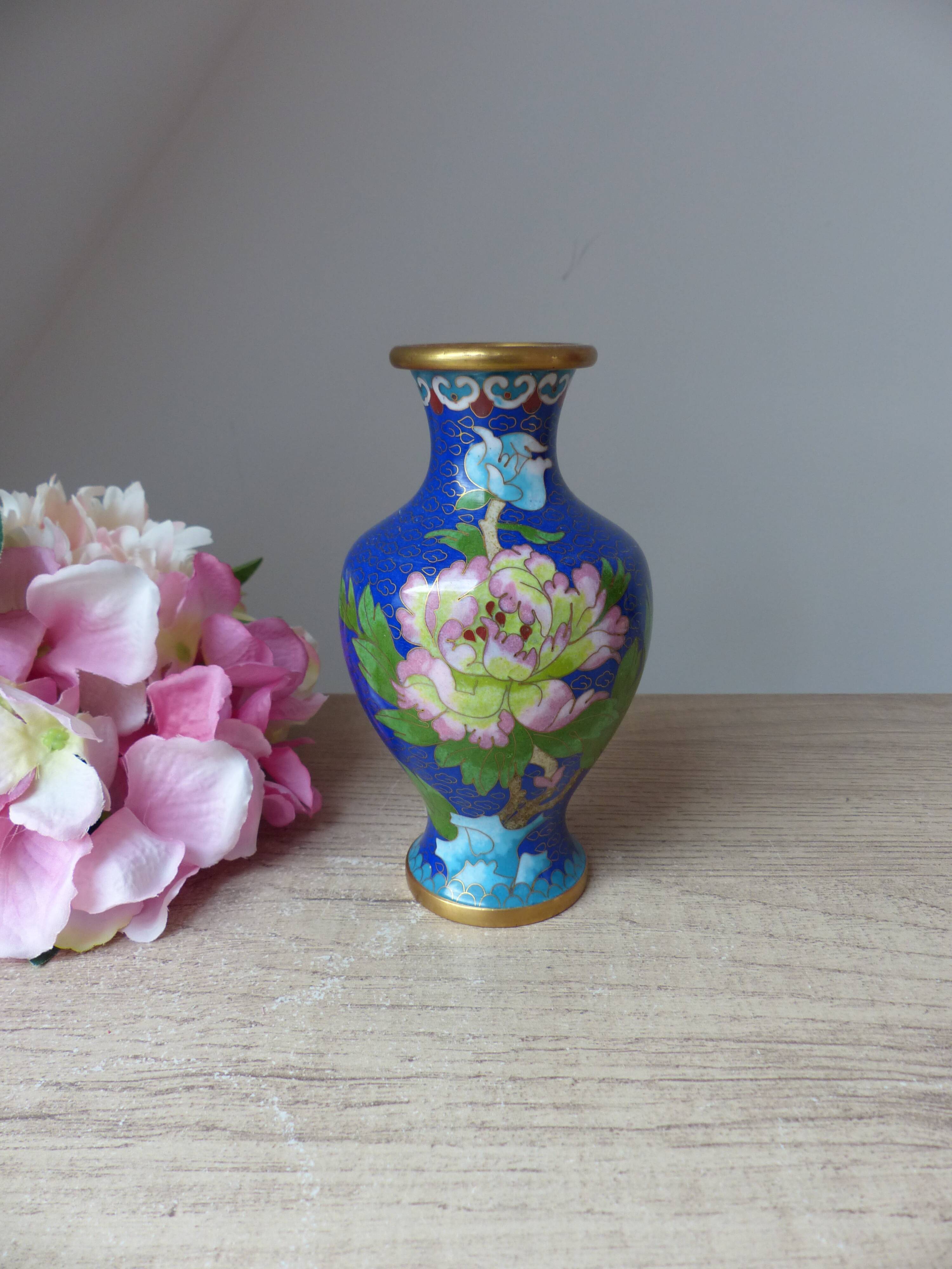 Old small blue cloisonné brass vase with pink peony flower motif