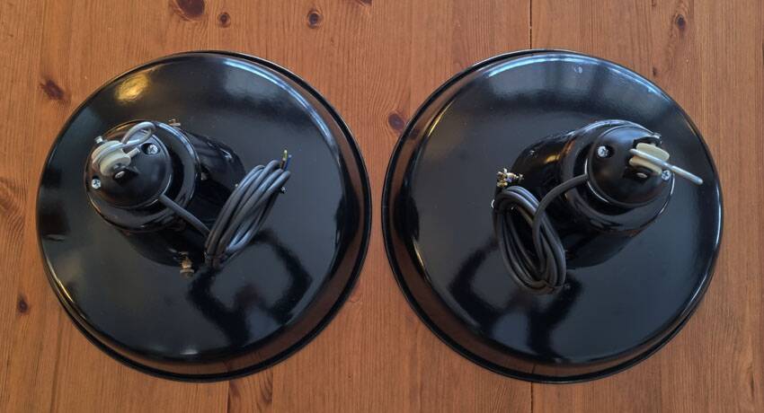 1 Pair of restored Mazda reflecto-lux enamelled industrial pendant lamps