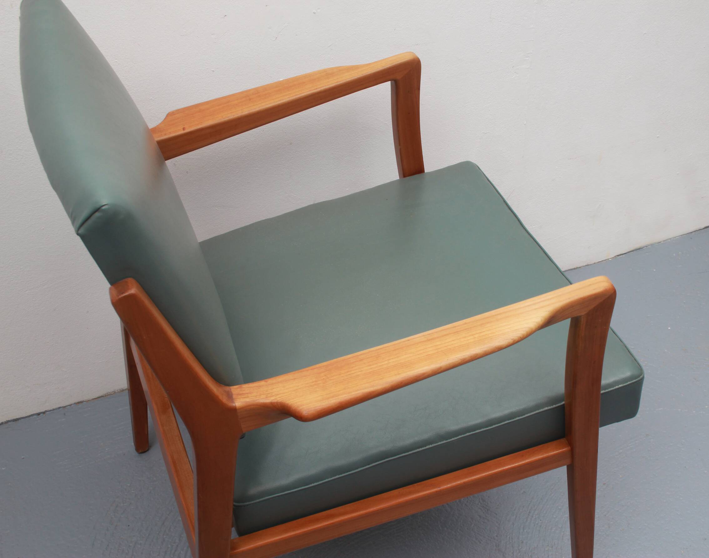 1950s armchair in cherrywood, leatherette kaki