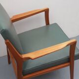 1950s armchair in cherrywood, leatherette kaki