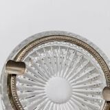 Vintage crystal glass ashtray from the 1920s, silver-edged with a textured pattern, Art Deco table decoration.