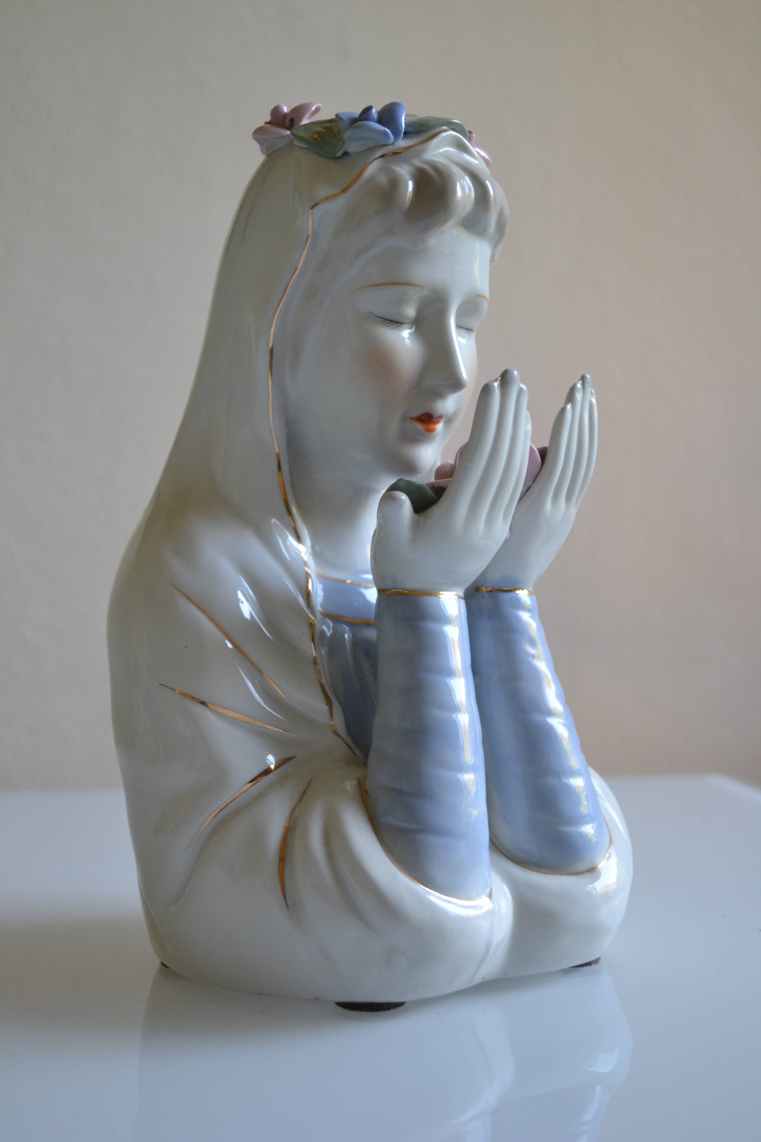 Virgin Mary statue bust in polychrome porcelain Virgin with crown of roses