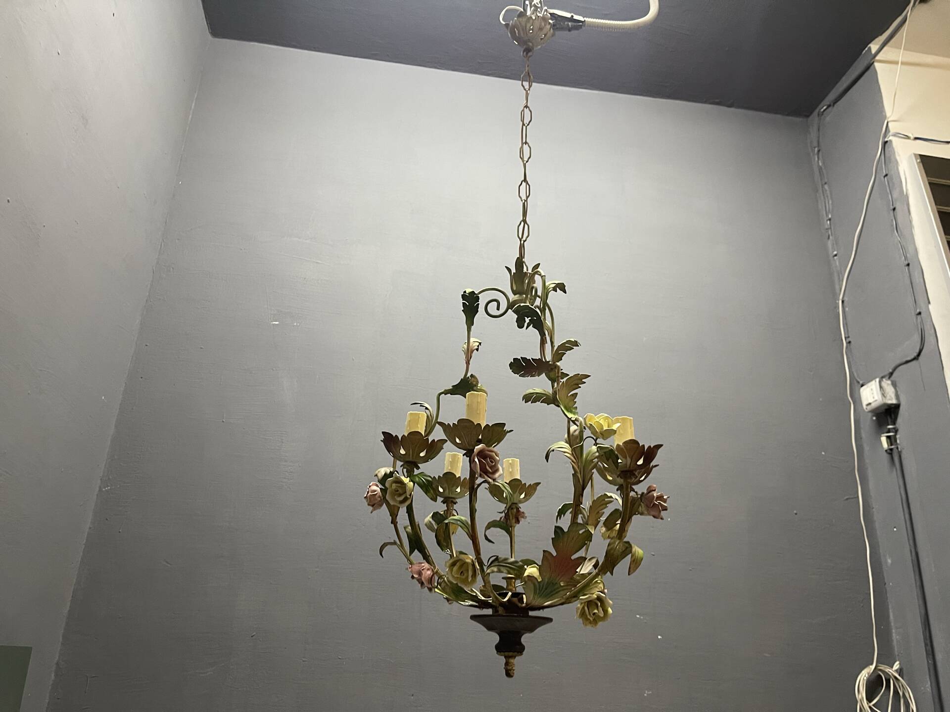 Tole Ceramic Flower Italian Chandelier 1960’s 