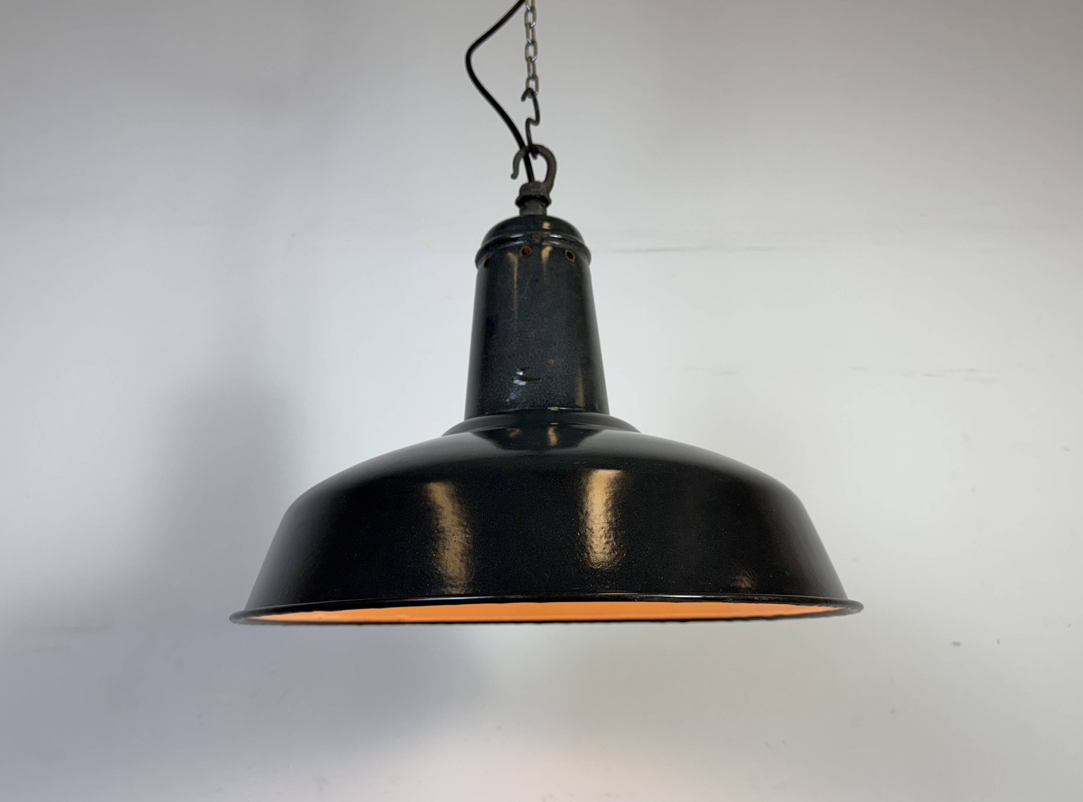 Industrial French Dark Grey Enamel Factory Pendant Lamp, 1960s