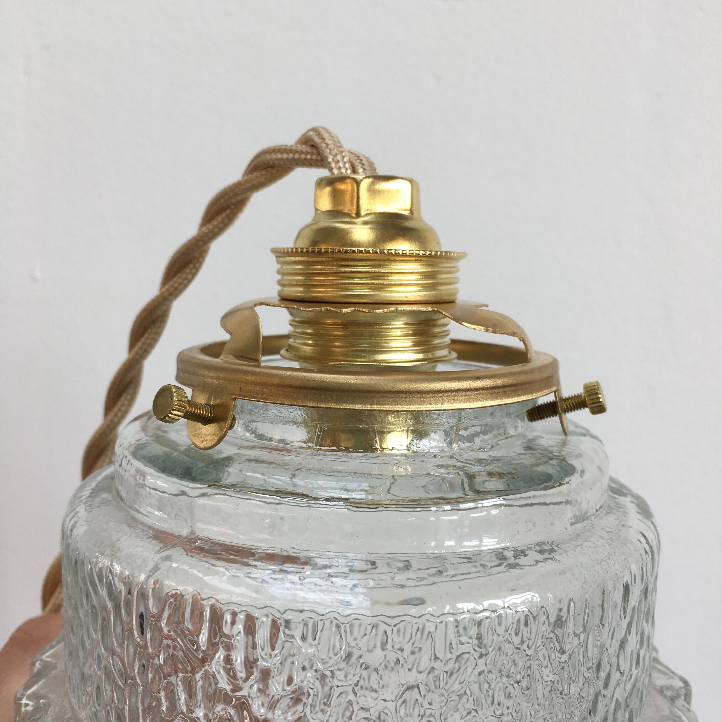 Pair of vintage molded pressed glass pendant lights