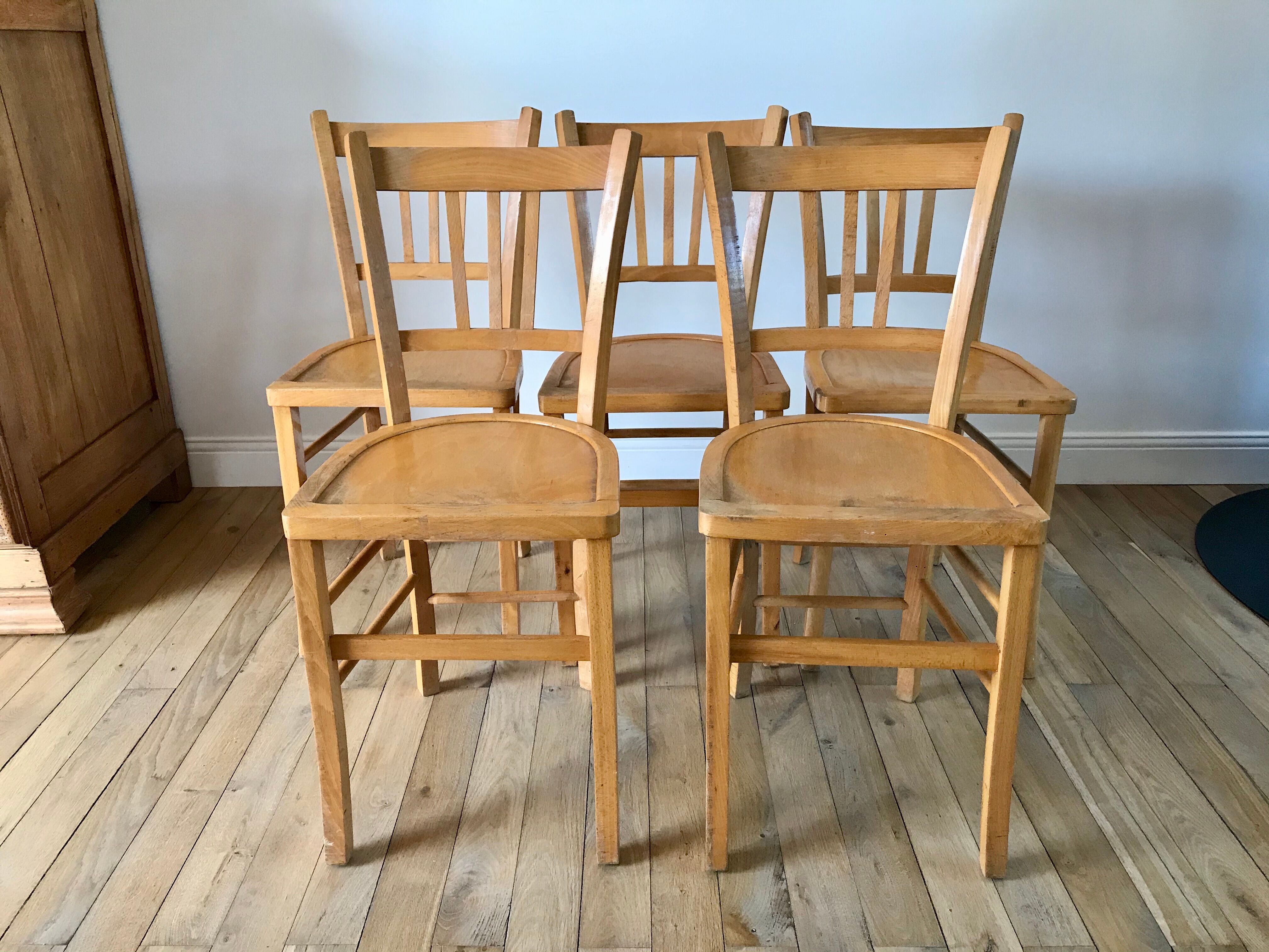 Set of 5 Luterma light blond wood bistro chairs from the 50s