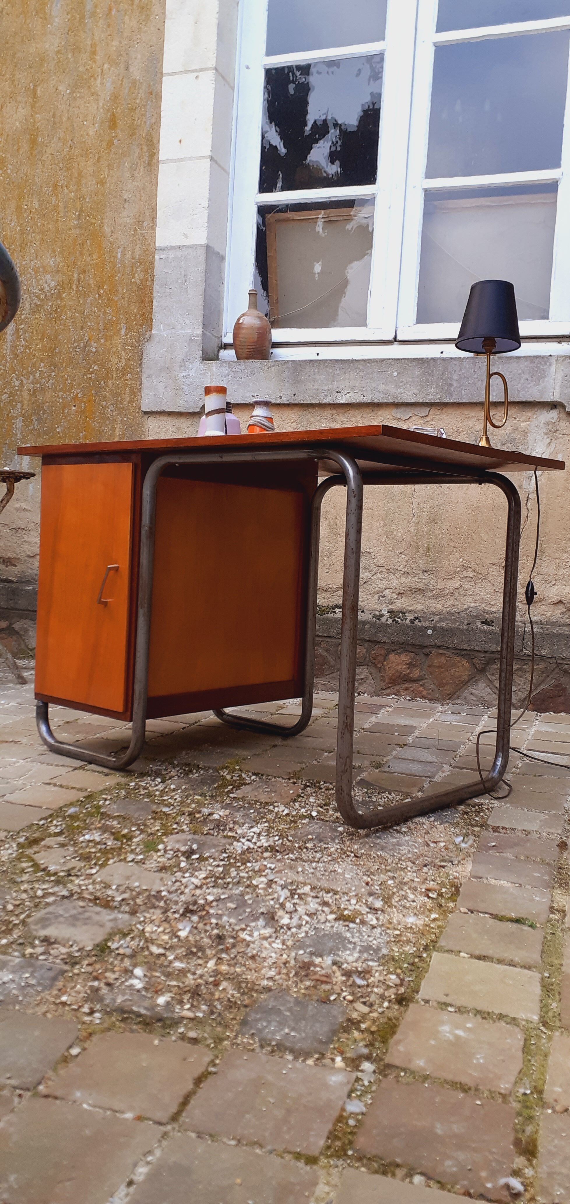 Vintage tubular desk year 50 in solid teak and light wood veneer