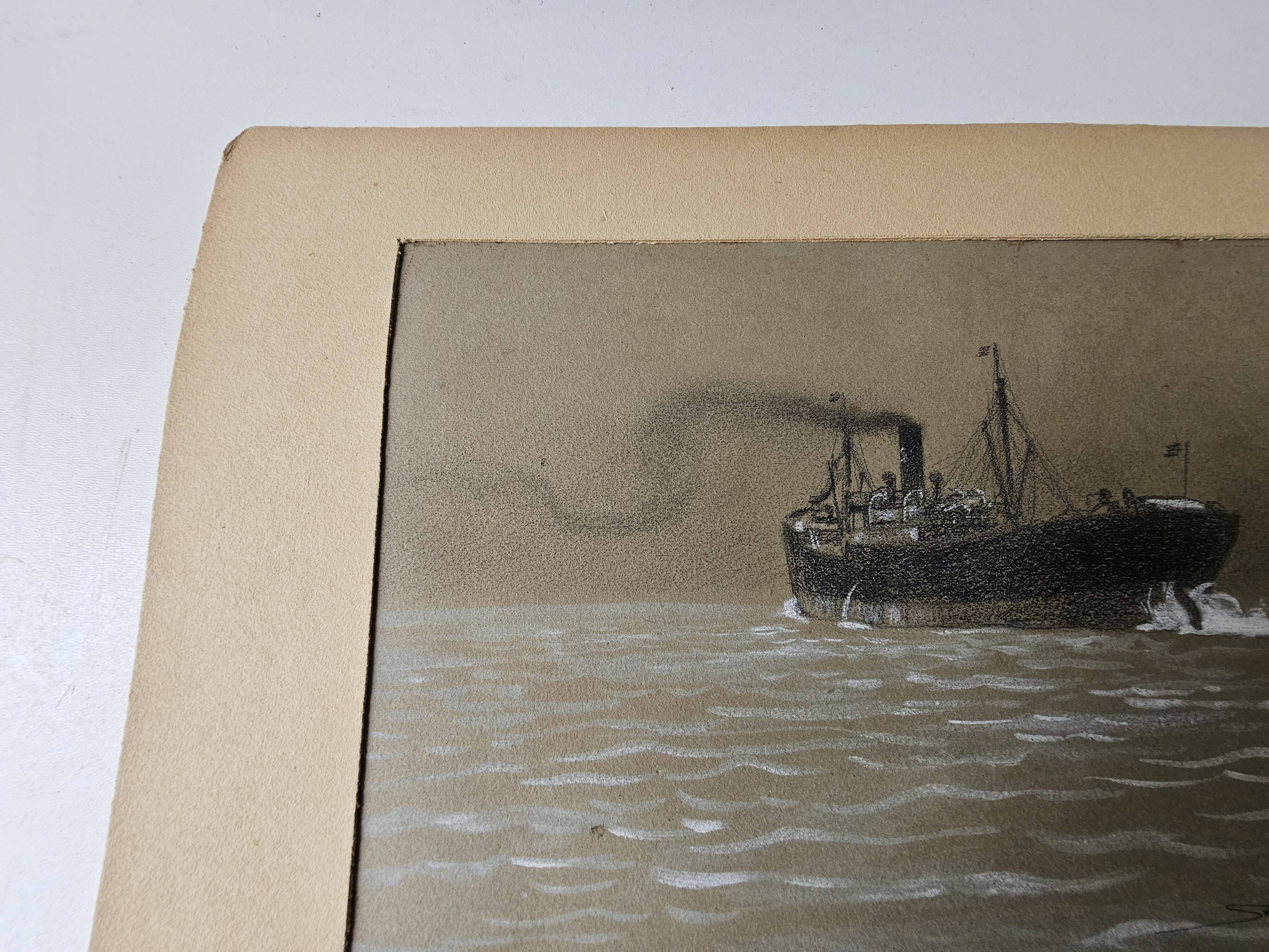 Watercolor of the Black Ocean Liner at Sea Signed TABOUREAU Georges known as Sandy-Hook (1879)