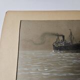 Watercolor of the Black Ocean Liner at Sea Signed TABOUREAU Georges known as Sandy-Hook (1879)