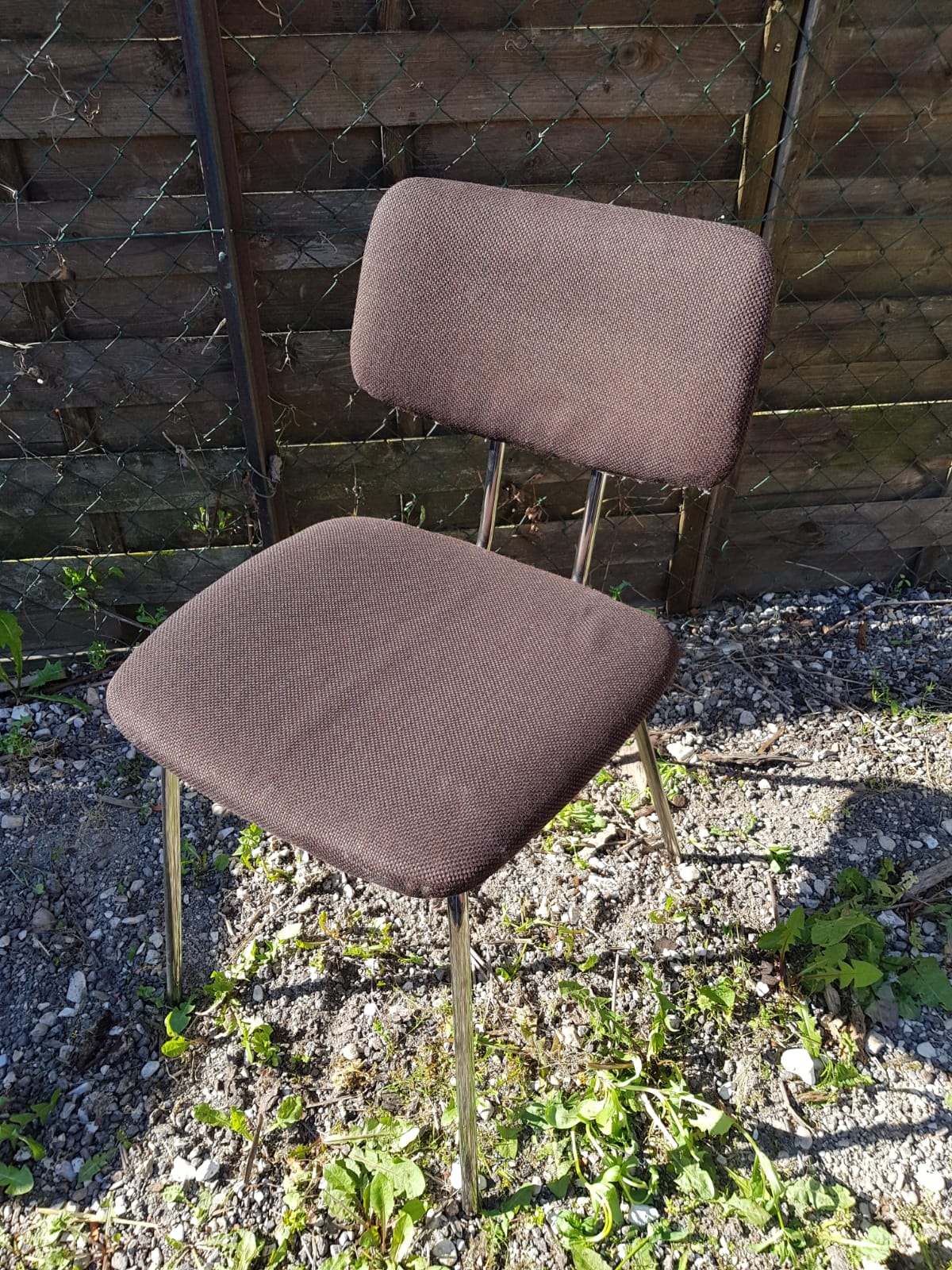 Pair old metal chair chromé - vintage 70s brown fabric
