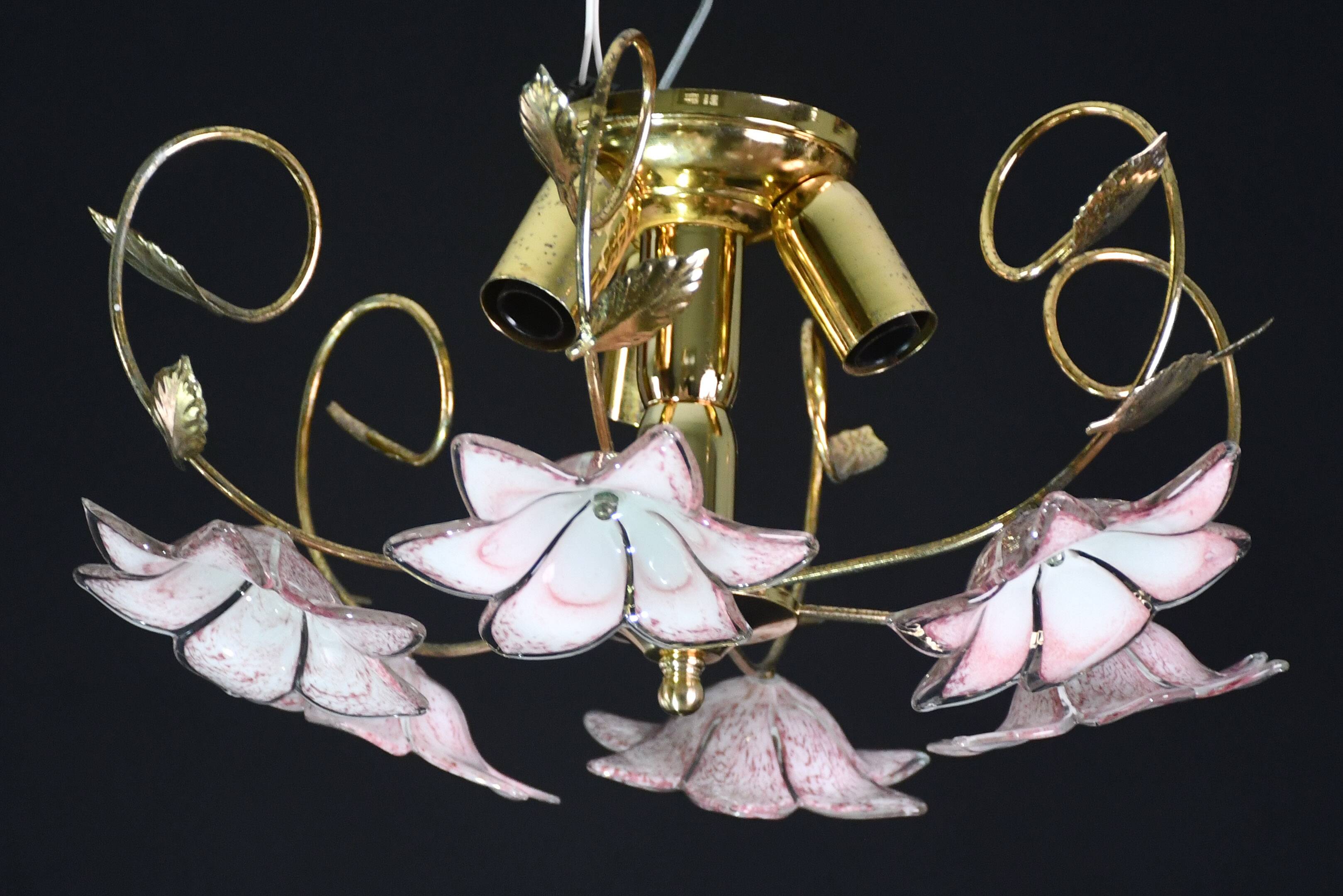 Set of 2 Charming Murano Vintage Ceiling Light Pink Flowers, 1970s