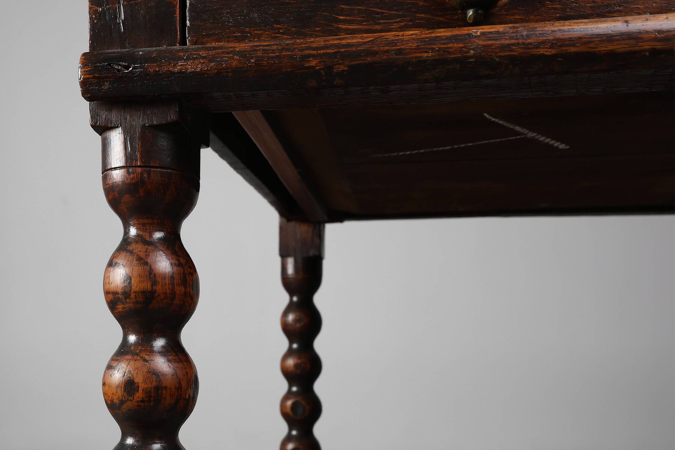 18th Century English Bobbin-Turned Oak Side Table with Bronze Hardware, Jam