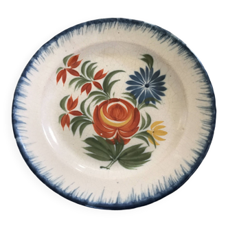 Old plate in auvillar earthenware, floral painting decoration, 19th century