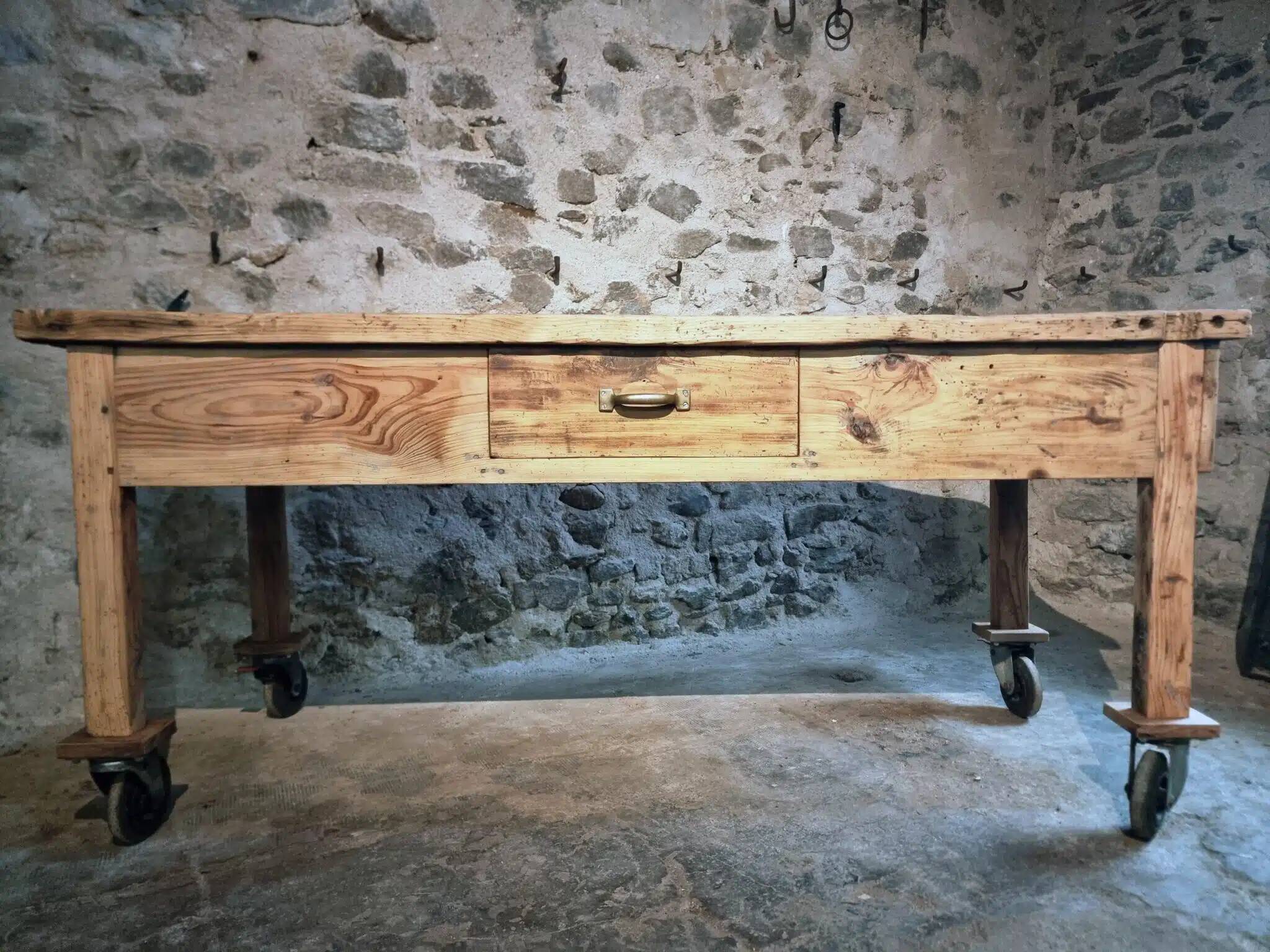 Vintage French pine work table, 1930s industrial kitchen island with drawer and casters