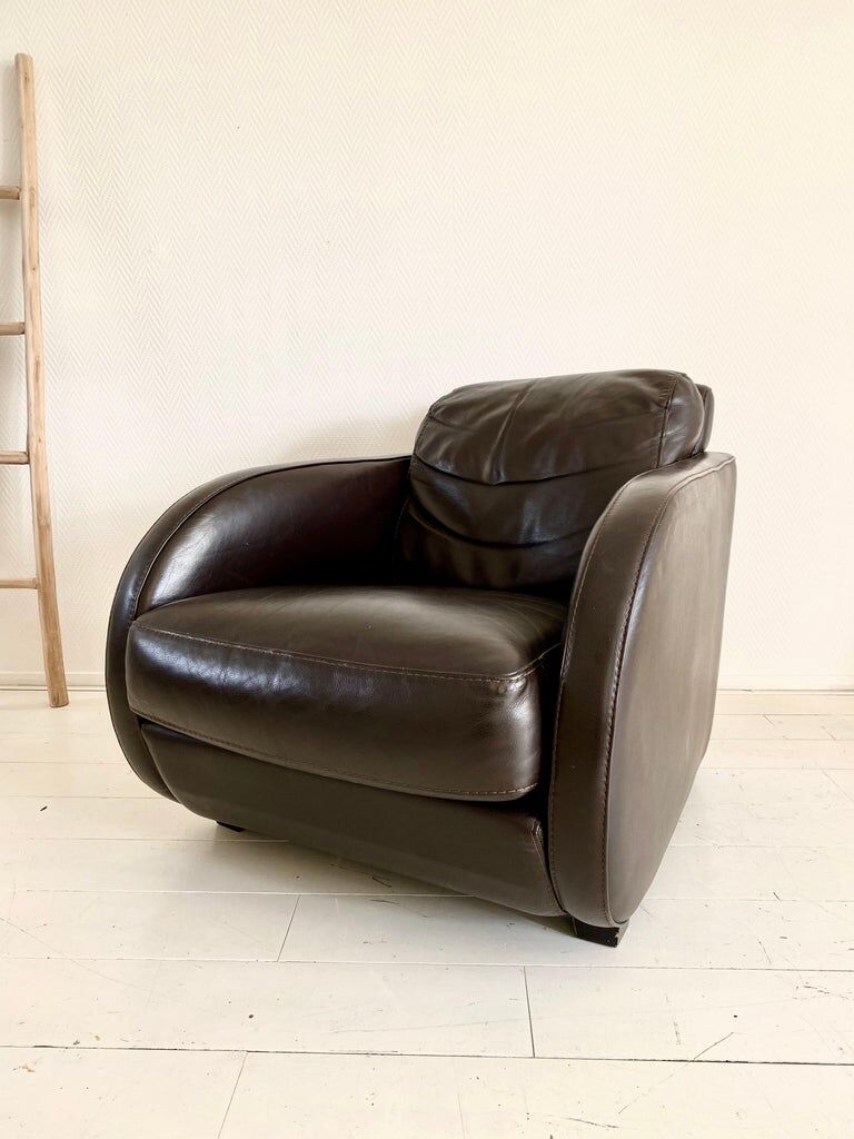 Art Deco style Vintage Brown Leather Lounge chair By Roche Bobois.