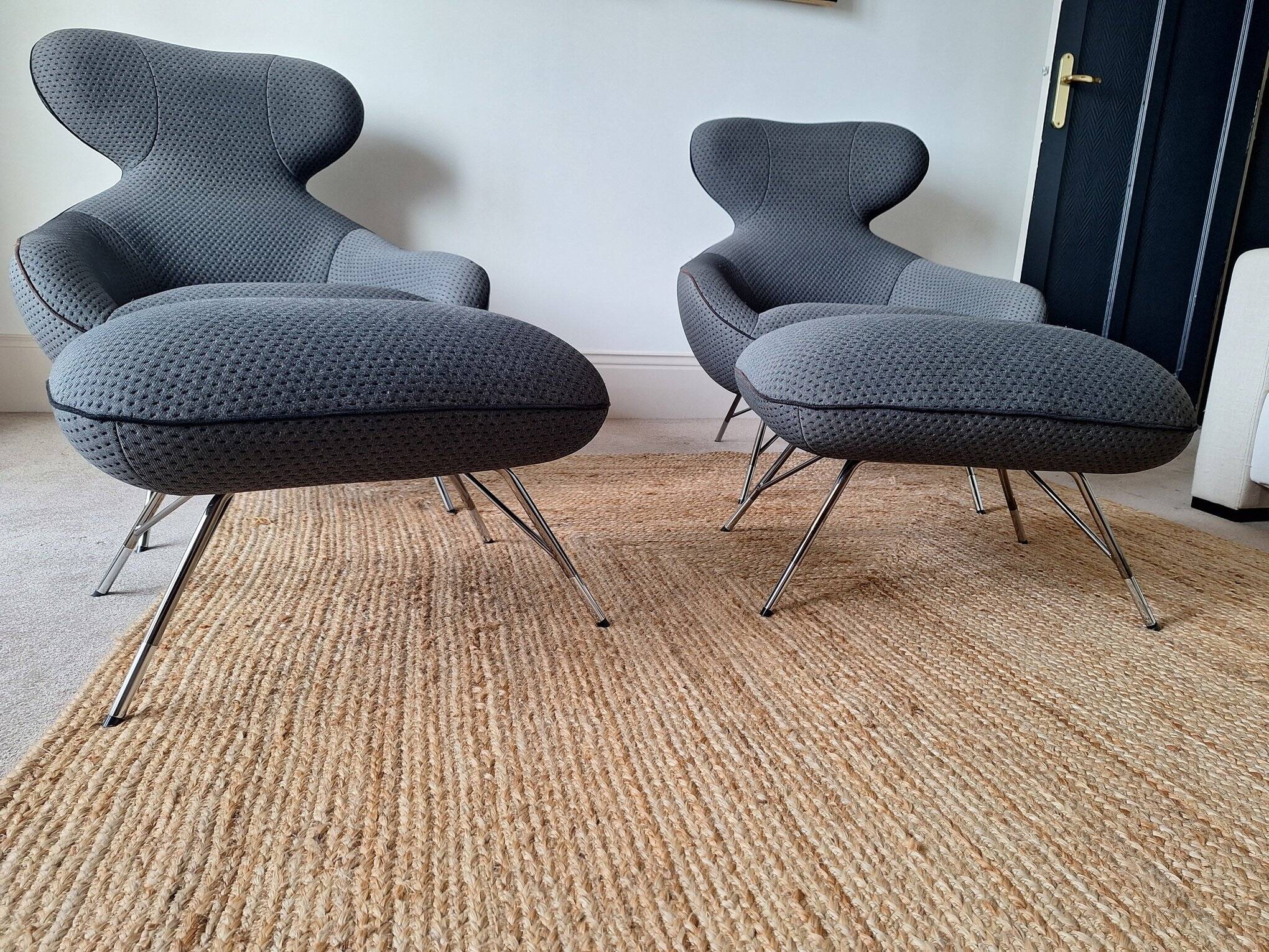 2 roche bobois spoutnik lounge armchairs with footrests